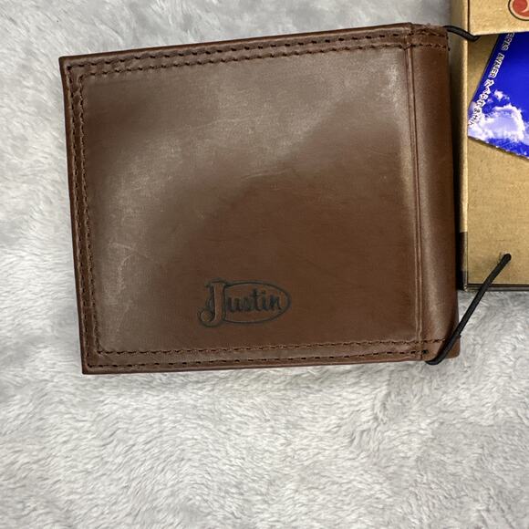 Justin Wallet Slim Bifold Brown Genuine Leather Boot Stitch RFID Western Cowboy - Picture 7 of 14